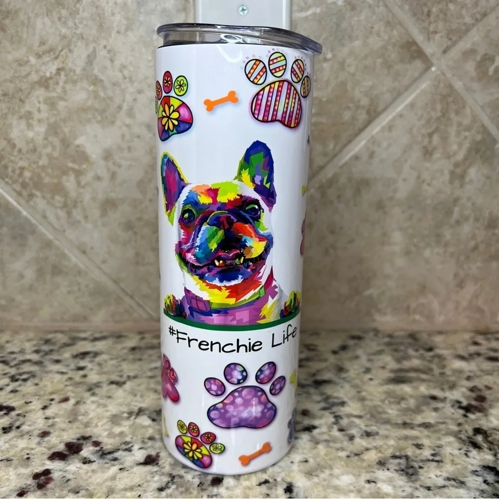 FRENCHIE LIFE Paw print watercolor 20 oz skinny Tumbler
